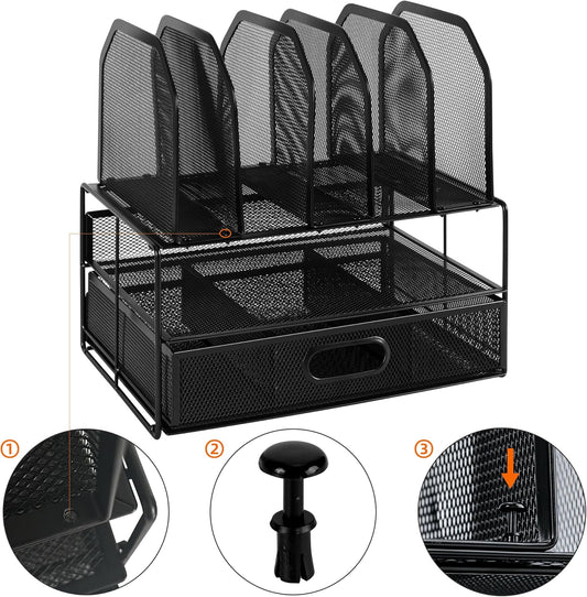 Amazon Basics Mesh Desk Organizer with Sliding Drawer, Double Tray and 5 Upright Sections, File Holder for Office Supplies, Paper Letter Tray, Black