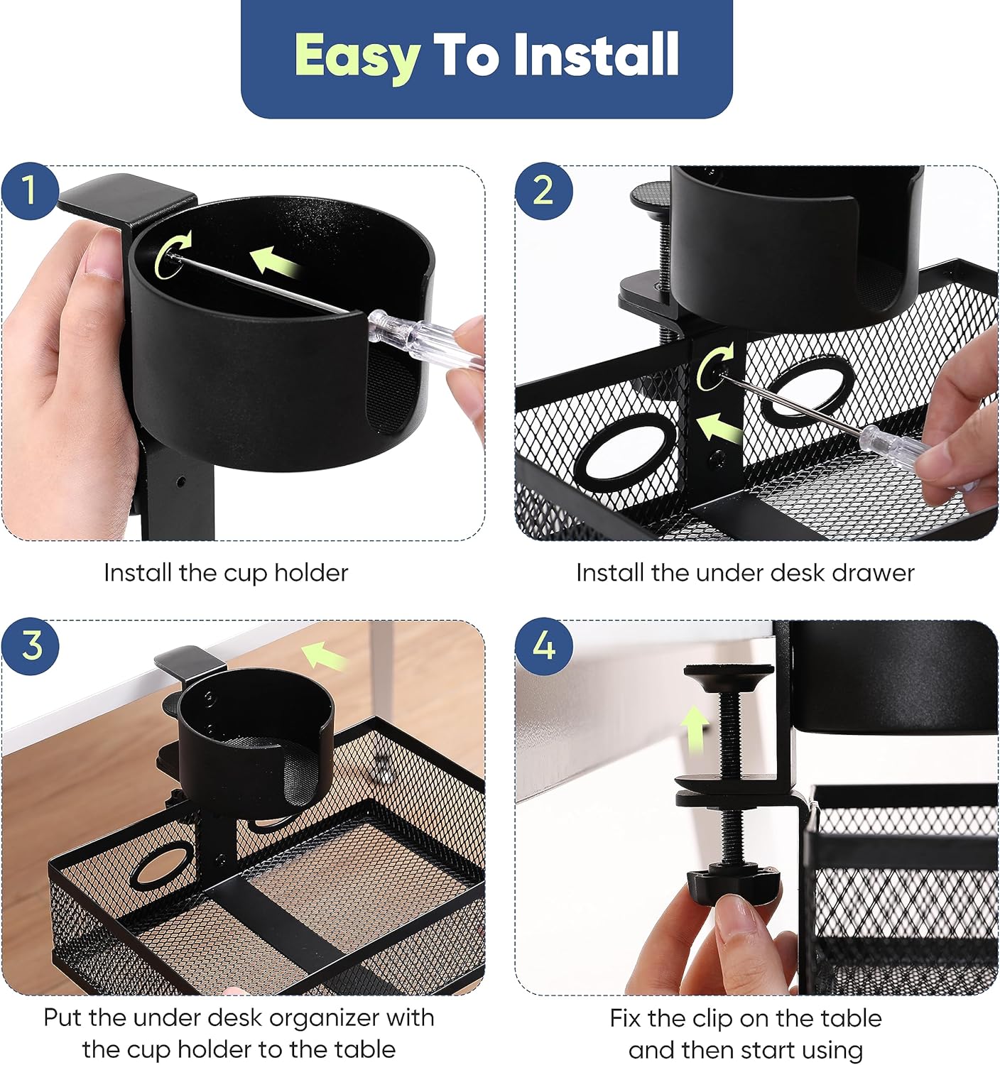 360 Rotating Under Desk Drawer Organizer with Cup Holder Clamp On Desk Drawer No Drilling Table Management Tray Anti-Slip Swivel Pencil Drawer Under Table Storage Easy Install for Home Office