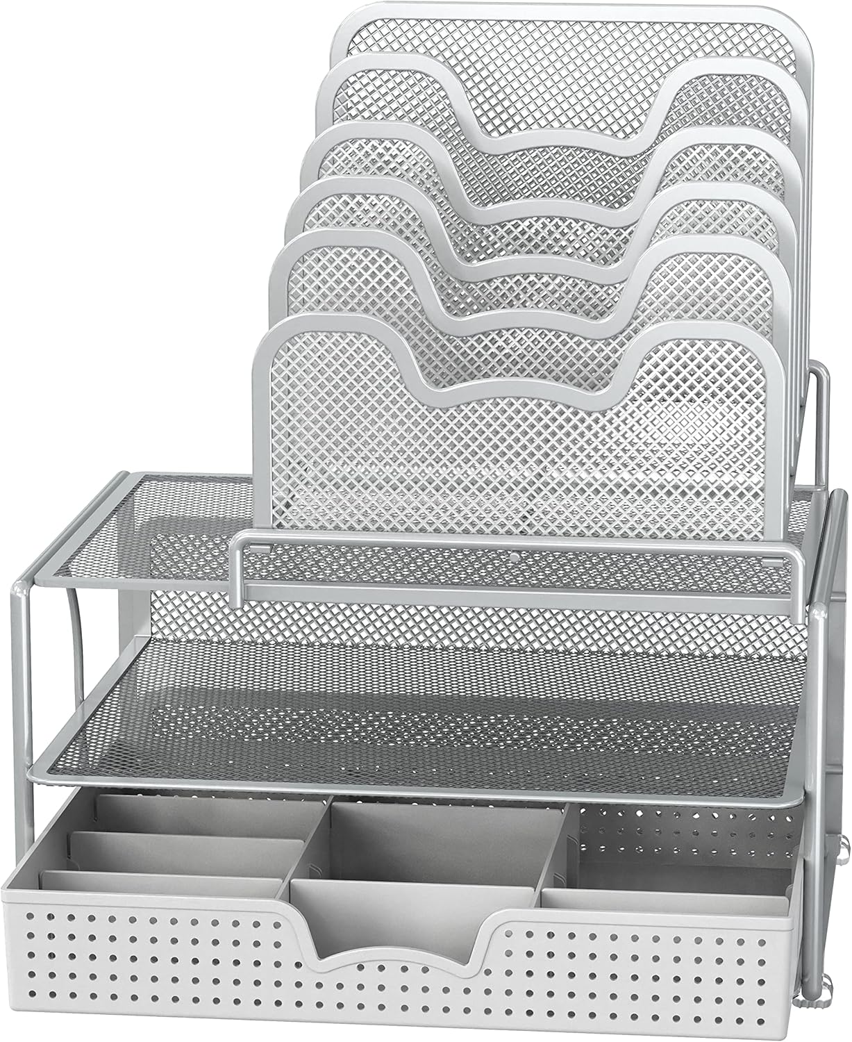 Simple Houseware Mesh Desk Organizer with Sliding Drawer, Double Tray and 5 Stacking Sorter Sections, Black