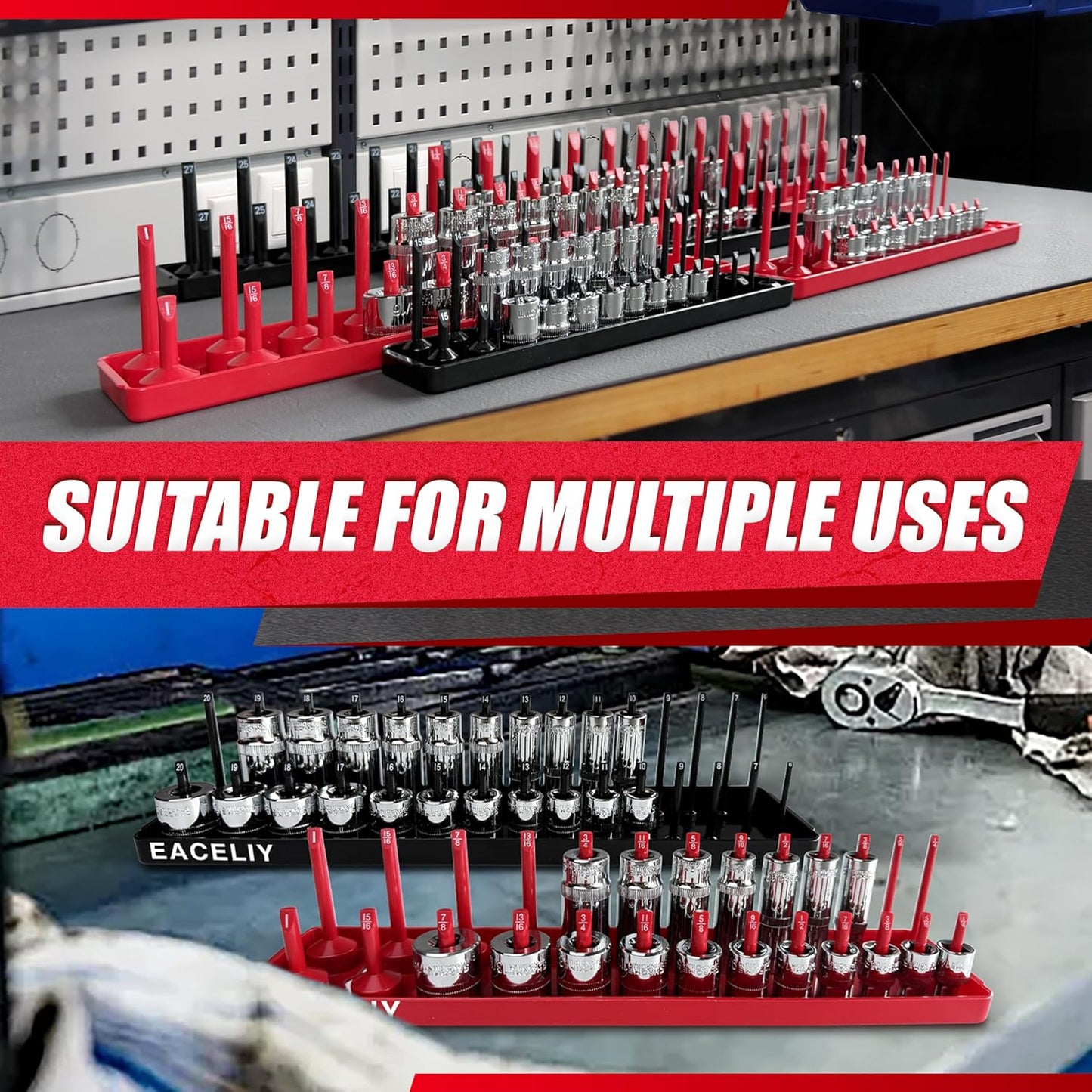EACELIY 6-Piece Magnetic Socket Organizer Set, 1/2", 1/4" and 3/8" SAE & Metric Deep & Shallow Socket Holder Kit, holds 141 stanard Sockets, attaches to steel box/tool cart (sockets not included)