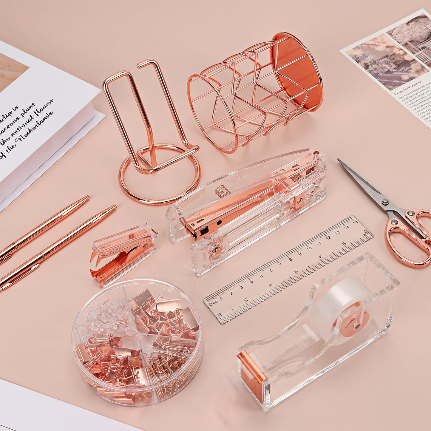 Gold Office Supplies Set Desk Accessories, Acrylic Stapler Set Staple Remover, Phone Holder, Tape Holder, Pen Holder, 2 Ballpoint Pen, Scissor, Binder Clips, Ruler, Transparent Glue and Staples.