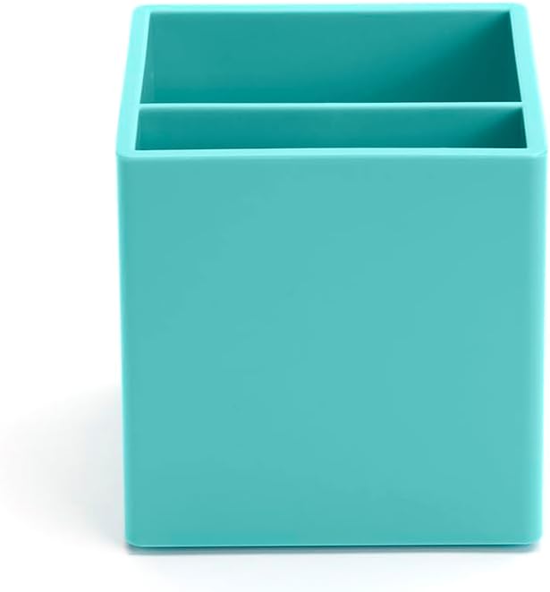 Poppin Pen Holder with 2 Compartments - Sturdy Plastic Pen Cup for Desk, Lacquer-like Finish, Blush Pink