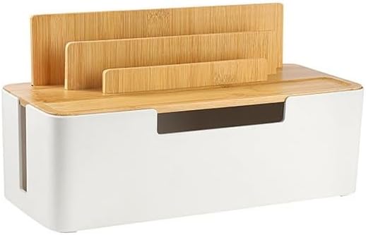 Cable Management Box with Wooden Lid, Multi-Device Organizer for Phones/Tablets/Smartwatches, Desktop Cord Organizer for Tidy Workspace (Black)