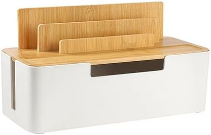 Cable Management Box with Wooden Lid, Multi-Device Organizer for Phones/Tablets/Smartwatches, Desktop Cord Organizer for Tidy Workspace (Black)