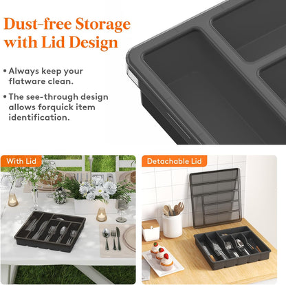 Silverware Organizer with Lid, Covered Utensil Tray for Kitchen Drawer and Countertop, Plastic Cutlery and Flatware Storage Box for Spoons Forks Knives Holder Case, 12.6x11.8", Black