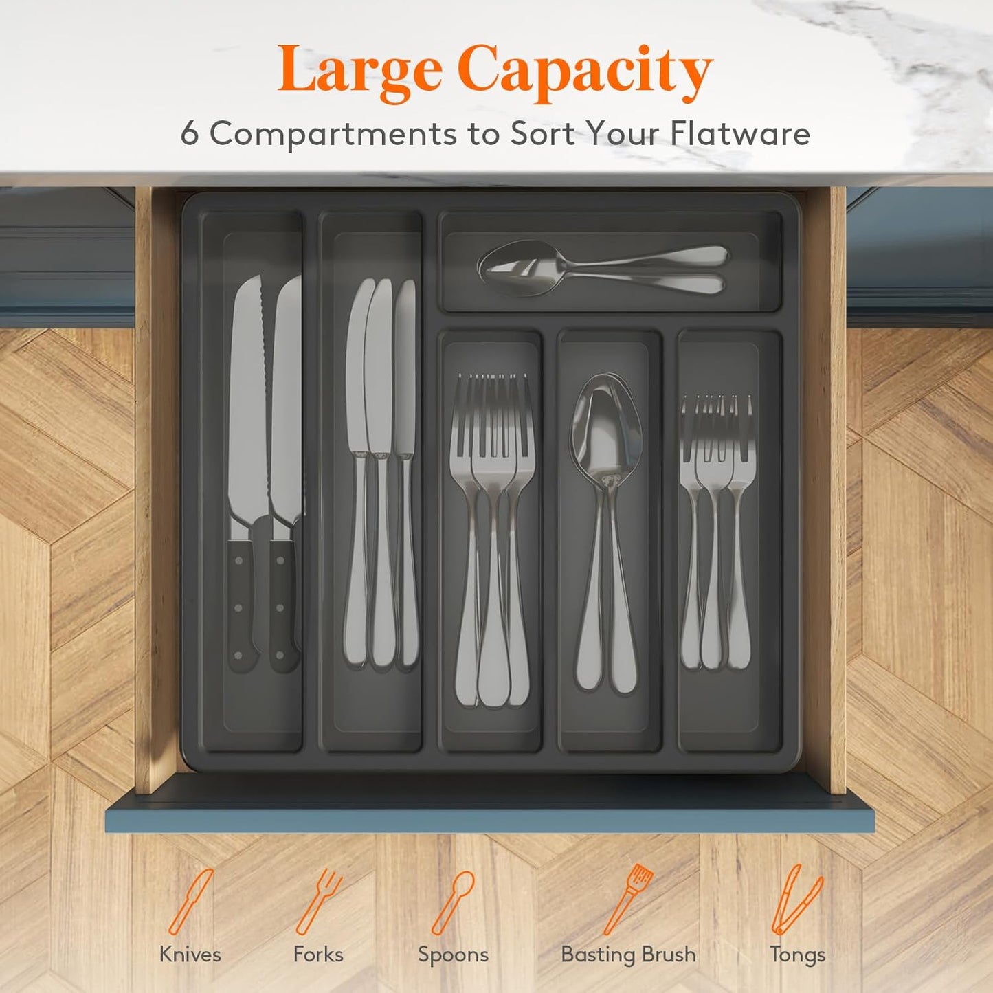 Silverware Organizer with Lid, Covered Utensil Tray for Kitchen Drawer and Countertop, Plastic Cutlery and Flatware Storage Box for Spoons Forks Knives Holder Case, 12.6x11.8", Black