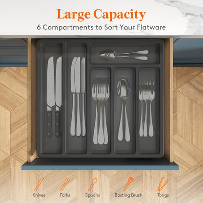 Silverware Organizer with Lid, Covered Utensil Tray for Kitchen Drawer and Countertop, Plastic Cutlery and Flatware Storage Box for Spoons Forks Knives Holder Case, 12.6x11.8", Black