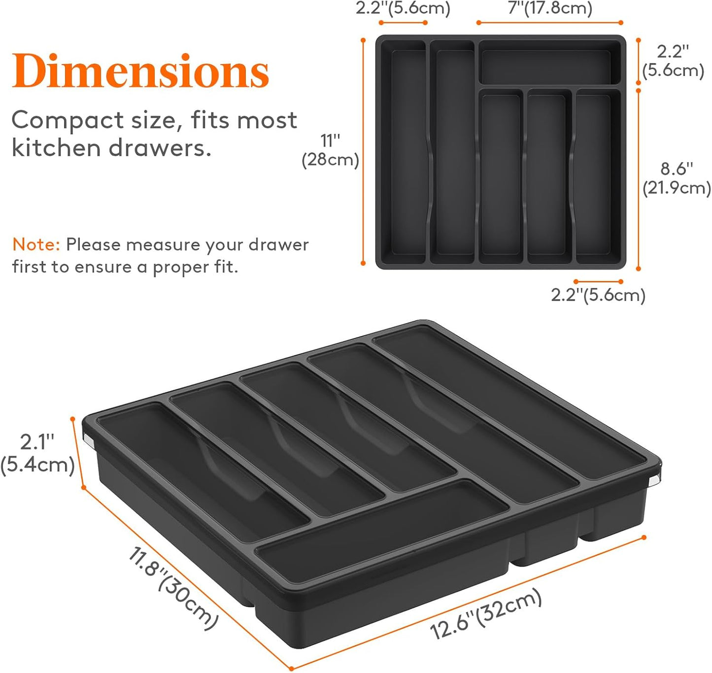 Silverware Organizer with Lid, Covered Utensil Tray for Kitchen Drawer and Countertop, Plastic Cutlery and Flatware Storage Box for Spoons Forks Knives Holder Case, 12.6x11.8", Black
