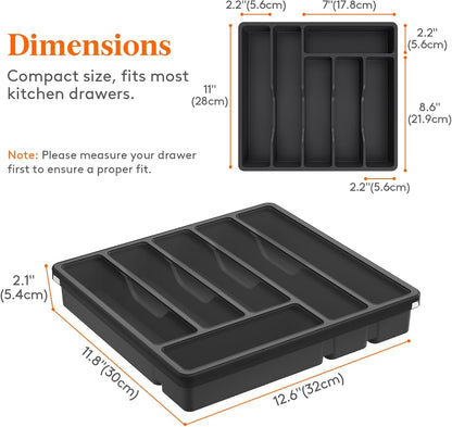 Silverware Organizer with Lid, Covered Utensil Tray for Kitchen Drawer and Countertop, Plastic Cutlery and Flatware Storage Box for Spoons Forks Knives Holder Case, 12.6x11.8", Black