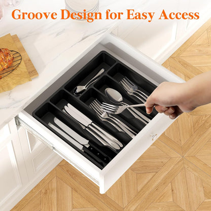 Silverware Organizer with Lid, Covered Utensil Tray for Kitchen Drawer and Countertop, Plastic Cutlery and Flatware Storage Box for Spoons Forks Knives Holder Case, 12.6x11.8", Black