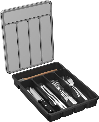 Silverware Organizer with Lid, Covered Utensil Tray for Kitchen Drawer and Countertop, Plastic Cutlery and Flatware Storage Box for Spoons Forks Knives Holder Case, 12.6x11.8", Black