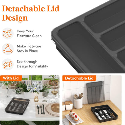 Silverware Organizer with Lid, Covered Utensil Tray for Kitchen Drawer and Countertop, Plastic Cutlery and Flatware Storage Box for Spoons Forks Knives Holder Case, 12.6x11.8", Black