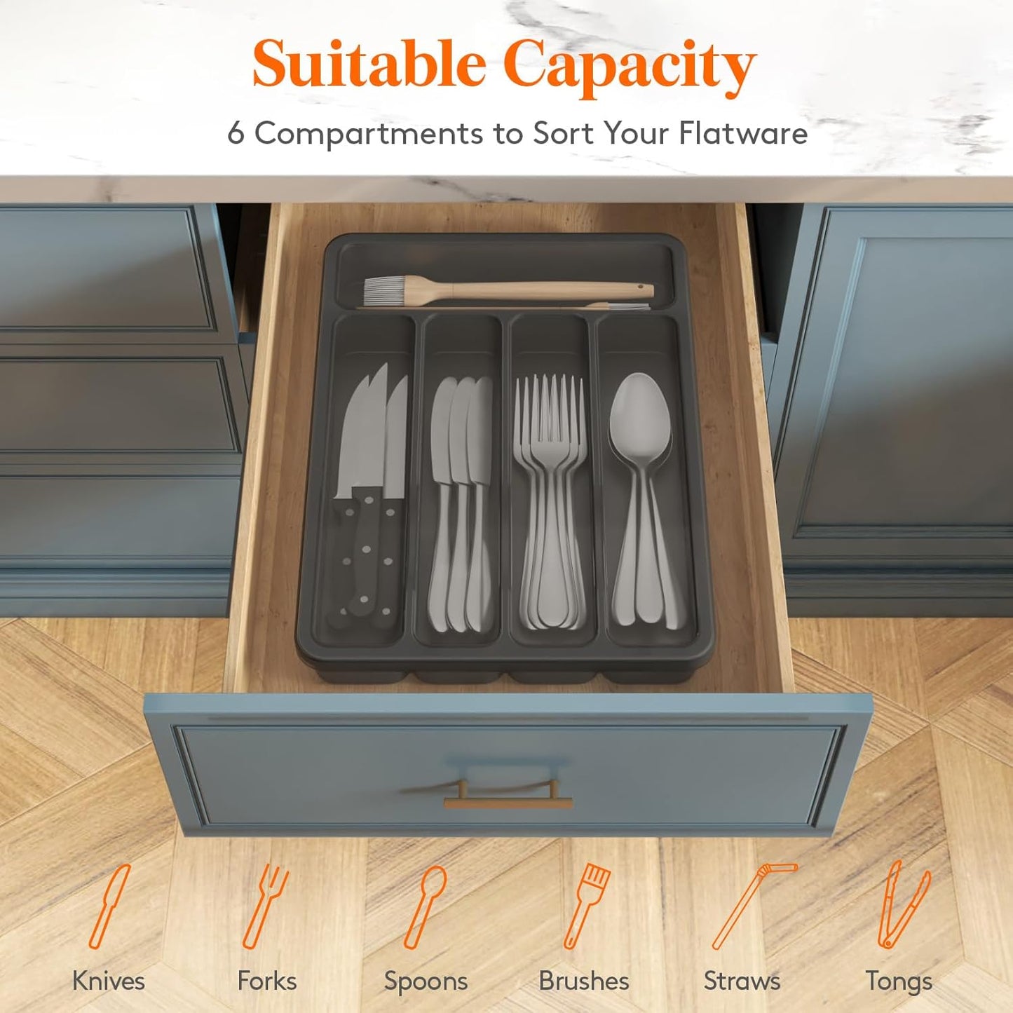 Silverware Organizer with Lid, Covered Utensil Tray for Kitchen Drawer and Countertop, Plastic Cutlery and Flatware Storage Box for Spoons Forks Knives Holder Case, 12.6x11.8", Black