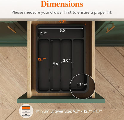 Silverware Organizer with Lid, Covered Utensil Tray for Kitchen Drawer and Countertop, Plastic Cutlery and Flatware Storage Box for Spoons Forks Knives Holder Case, 12.6x11.8", Black