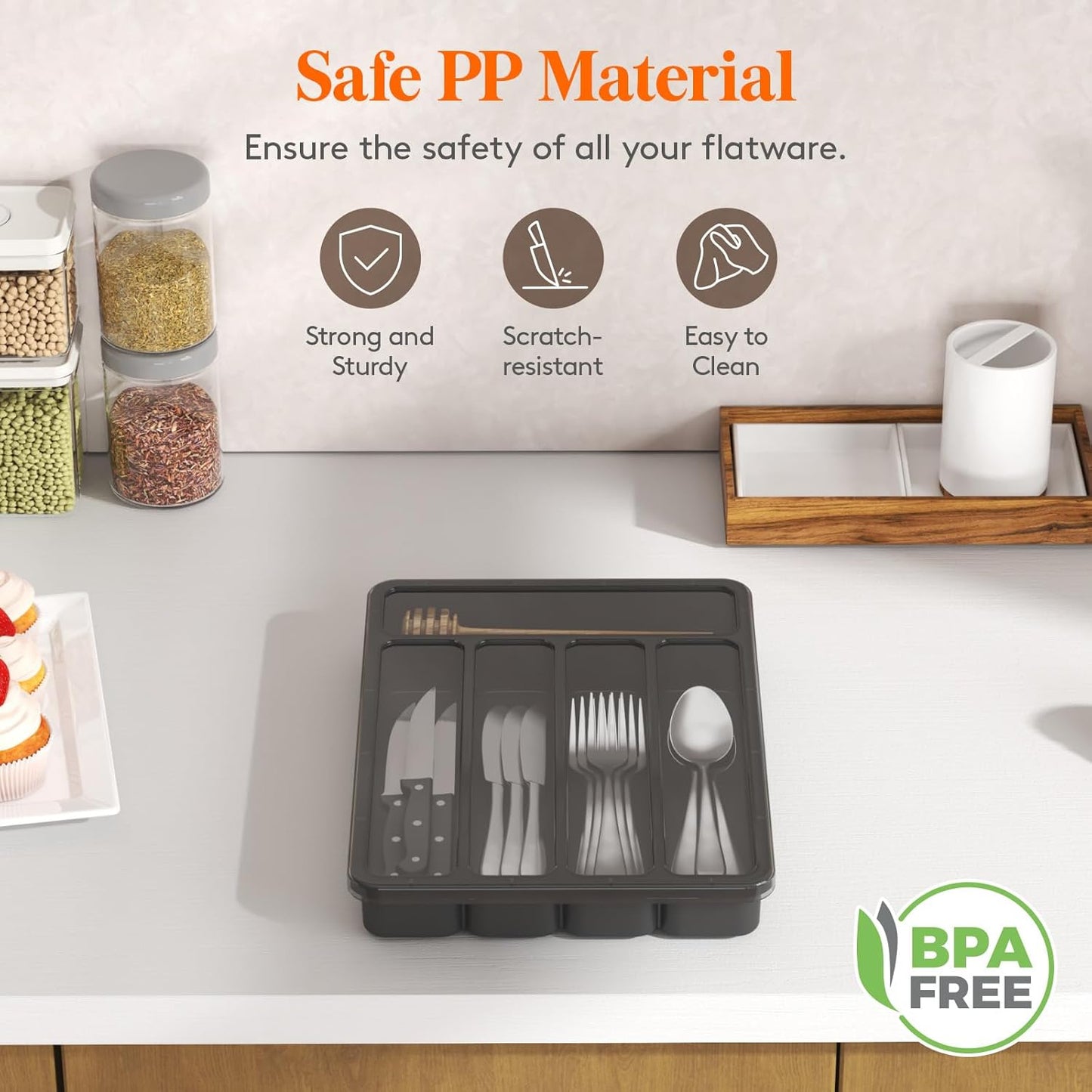 Silverware Organizer with Lid, Covered Utensil Tray for Kitchen Drawer and Countertop, Plastic Cutlery and Flatware Storage Box for Spoons Forks Knives Holder Case, 12.6x11.8", Black