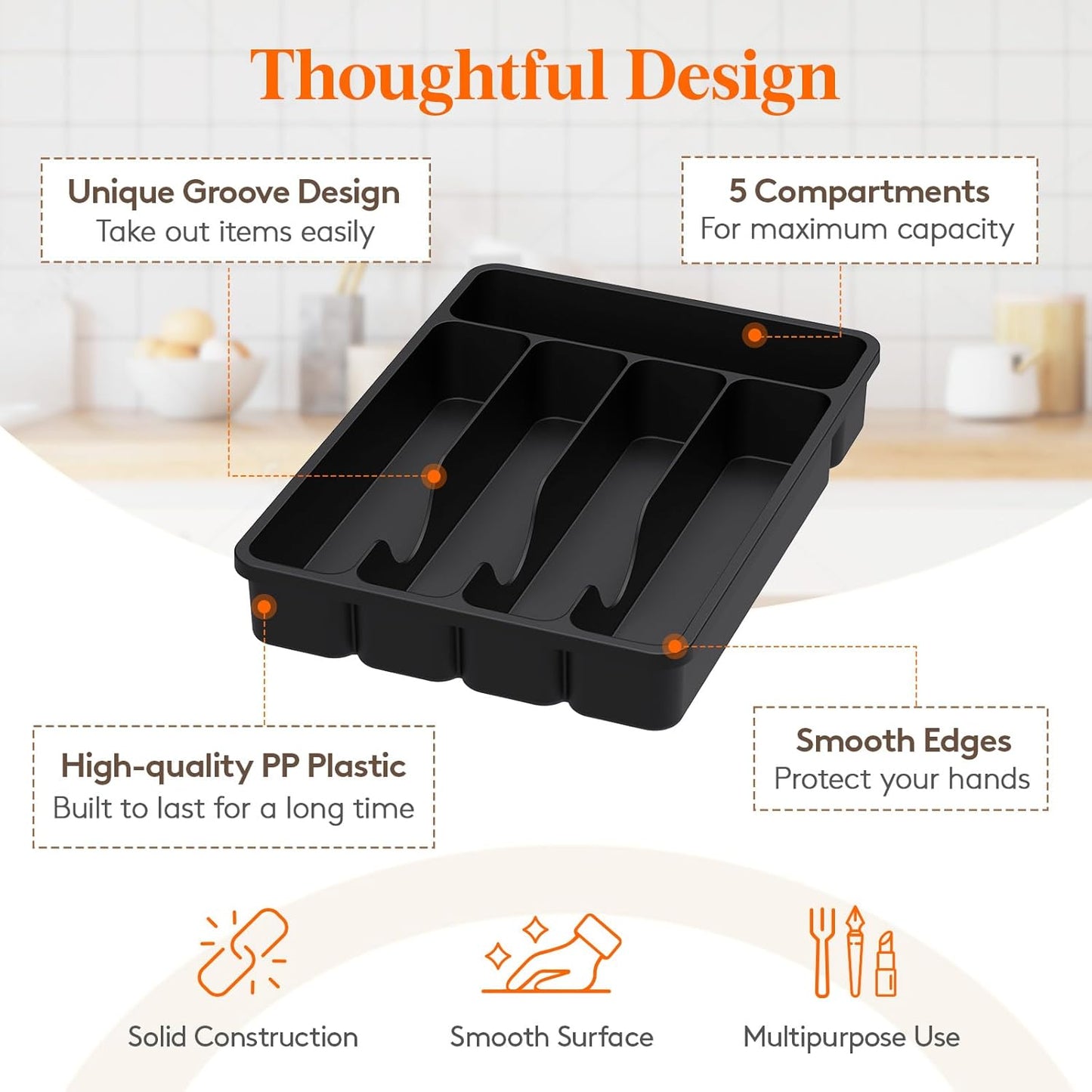 Silverware Organizer with Lid, Covered Utensil Tray for Kitchen Drawer and Countertop, Plastic Cutlery and Flatware Storage Box for Spoons Forks Knives Holder Case, 12.6x11.8", Black