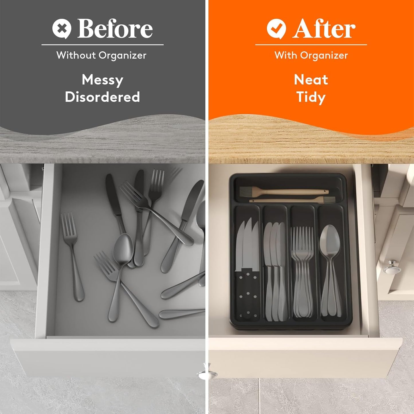 Silverware Organizer with Lid, Covered Utensil Tray for Kitchen Drawer and Countertop, Plastic Cutlery and Flatware Storage Box for Spoons Forks Knives Holder Case, 12.6x11.8", Black