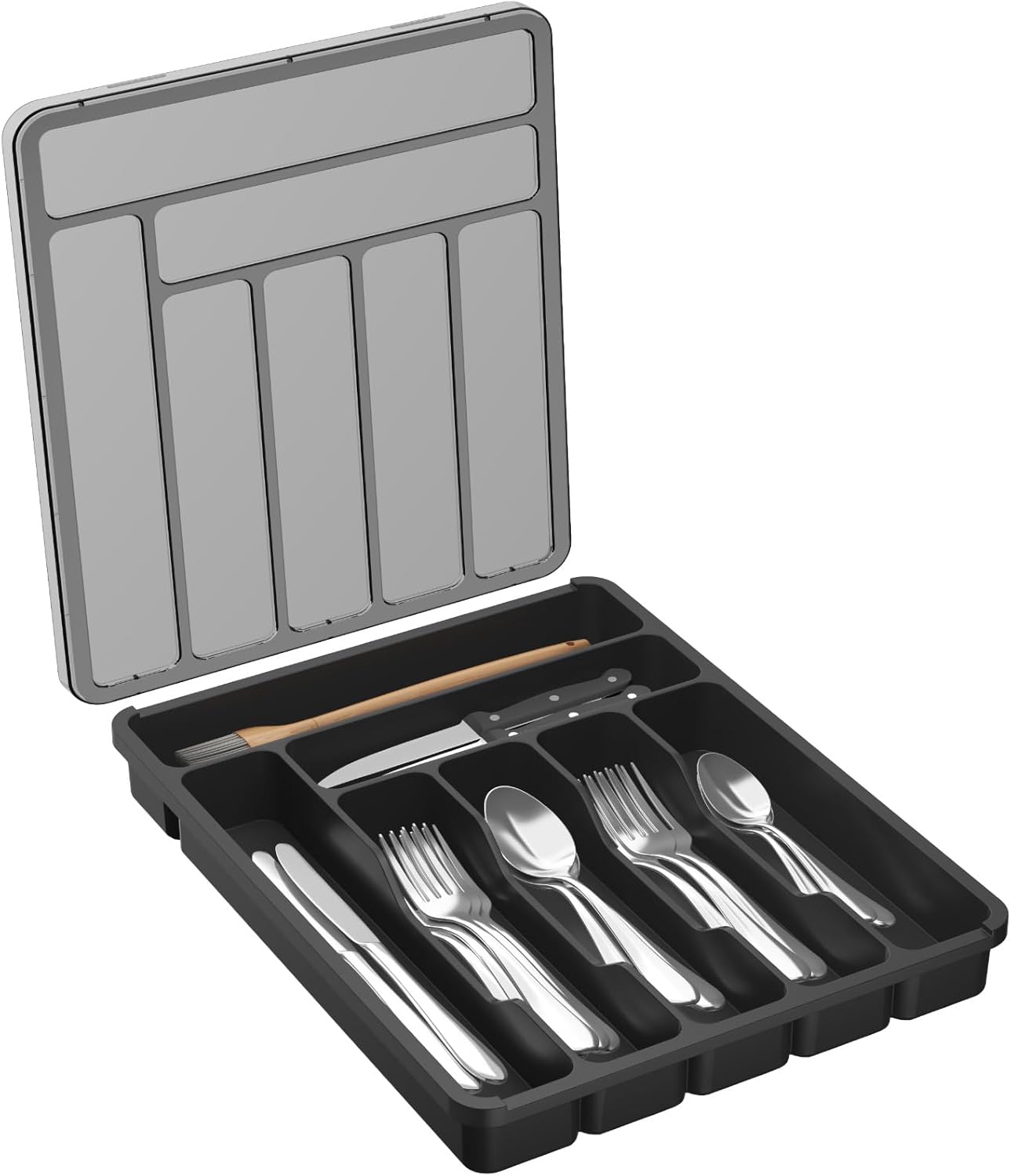 Silverware Organizer with Lid, Covered Utensil Tray for Kitchen Drawer and Countertop, Plastic Cutlery and Flatware Storage Box for Spoons Forks Knives Holder Case, 12.6x11.8", Black
