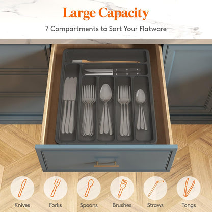 Silverware Organizer with Lid, Covered Utensil Tray for Kitchen Drawer and Countertop, Plastic Cutlery and Flatware Storage Box for Spoons Forks Knives Holder Case, 12.6x11.8", Black