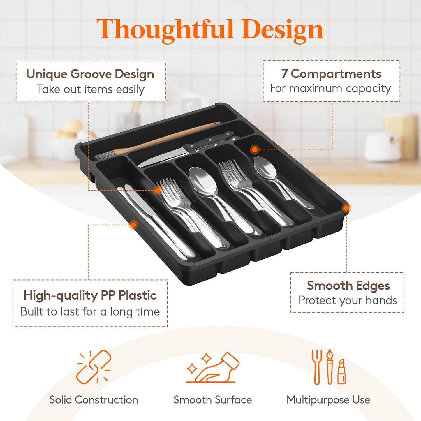 Silverware Organizer with Lid, Covered Utensil Tray for Kitchen Drawer and Countertop, Plastic Cutlery and Flatware Storage Box for Spoons Forks Knives Holder Case, 12.6x11.8", Black