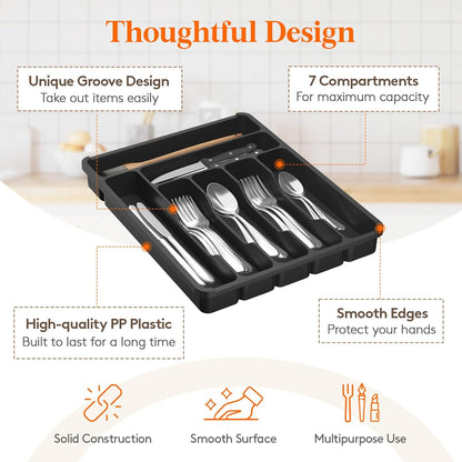 Silverware Organizer with Lid, Covered Utensil Tray for Kitchen Drawer and Countertop, Plastic Cutlery and Flatware Storage Box for Spoons Forks Knives Holder Case, 12.6x11.8", Black