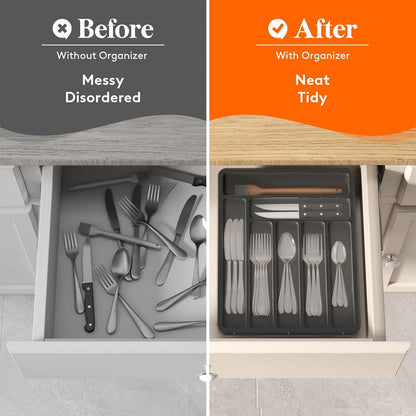 Silverware Organizer with Lid, Covered Utensil Tray for Kitchen Drawer and Countertop, Plastic Cutlery and Flatware Storage Box for Spoons Forks Knives Holder Case, 12.6x11.8", Black