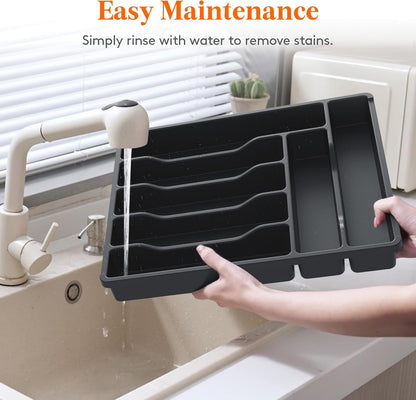 Silverware Organizer with Lid, Covered Utensil Tray for Kitchen Drawer and Countertop, Plastic Cutlery and Flatware Storage Box for Spoons Forks Knives Holder Case, 12.6x11.8", Black