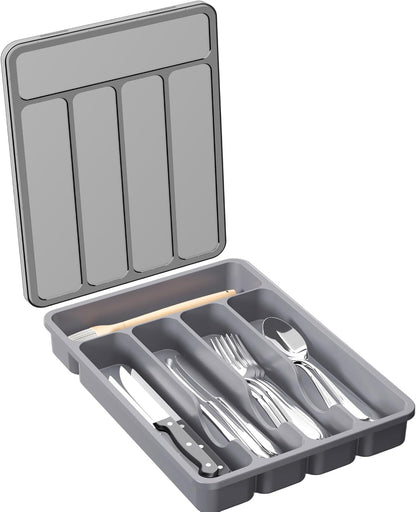 Silverware Organizer with Lid, Covered Utensil Tray for Kitchen Drawer and Countertop, Plastic Cutlery and Flatware Storage Box for Spoons Forks Knives Holder Case, 12.6x11.8", Black