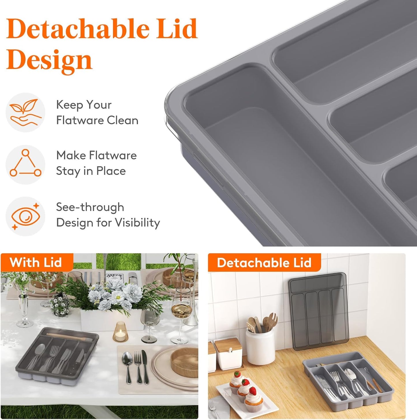Silverware Organizer with Lid, Covered Utensil Tray for Kitchen Drawer and Countertop, Plastic Cutlery and Flatware Storage Box for Spoons Forks Knives Holder Case, 12.6x11.8", Black