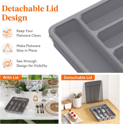Silverware Organizer with Lid, Covered Utensil Tray for Kitchen Drawer and Countertop, Plastic Cutlery and Flatware Storage Box for Spoons Forks Knives Holder Case, 12.6x11.8", Black