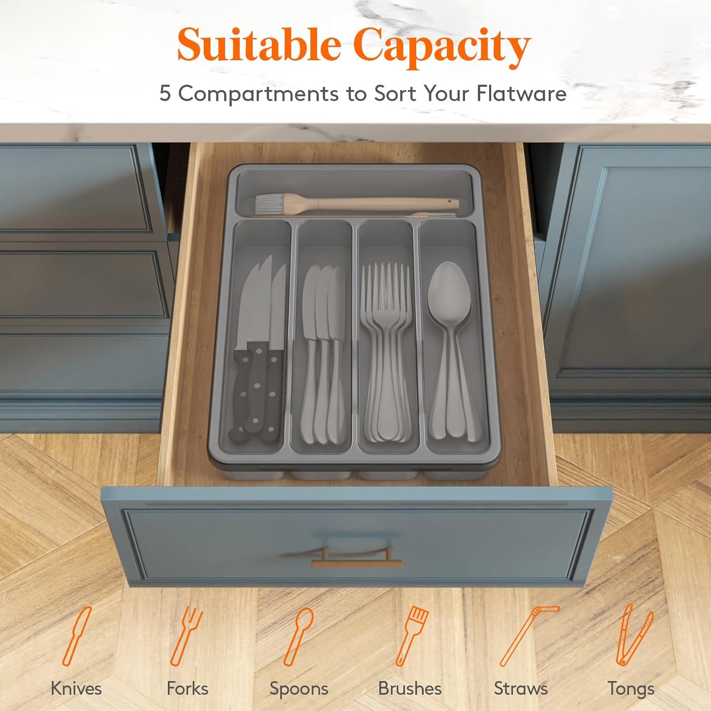 Silverware Organizer with Lid, Covered Utensil Tray for Kitchen Drawer and Countertop, Plastic Cutlery and Flatware Storage Box for Spoons Forks Knives Holder Case, 12.6x11.8", Black