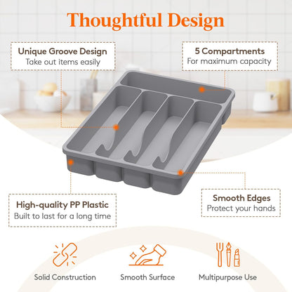 Silverware Organizer with Lid, Covered Utensil Tray for Kitchen Drawer and Countertop, Plastic Cutlery and Flatware Storage Box for Spoons Forks Knives Holder Case, 12.6x11.8", Black