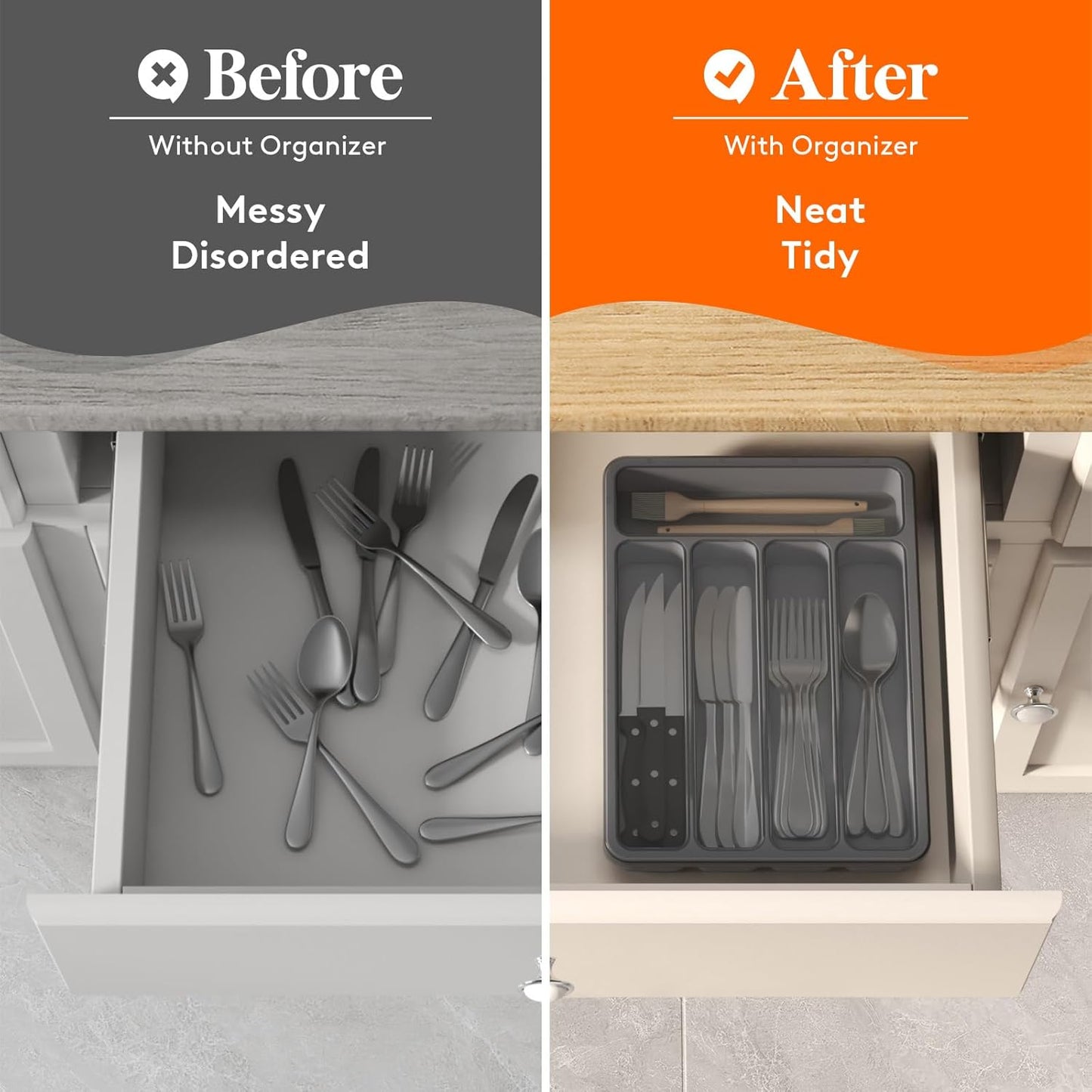 Silverware Organizer with Lid, Covered Utensil Tray for Kitchen Drawer and Countertop, Plastic Cutlery and Flatware Storage Box for Spoons Forks Knives Holder Case, 12.6x11.8", Black