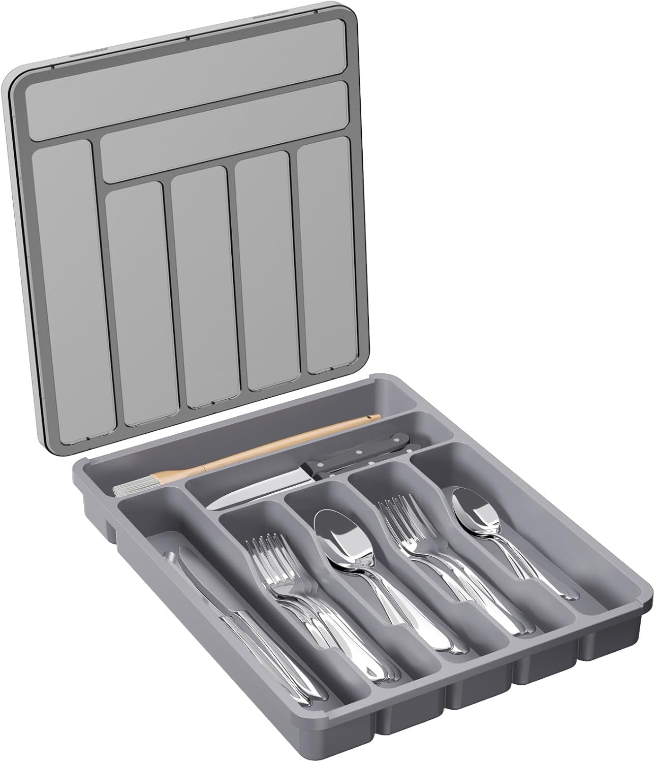 Silverware Organizer with Lid, Covered Utensil Tray for Kitchen Drawer and Countertop, Plastic Cutlery and Flatware Storage Box for Spoons Forks Knives Holder Case, 12.6x11.8", Black
