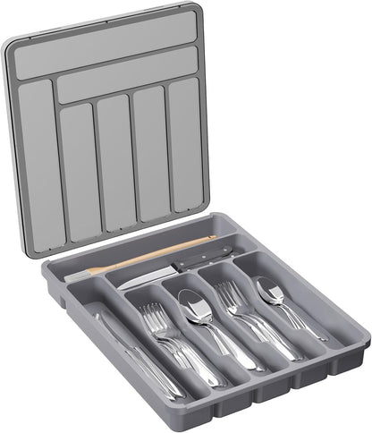 Silverware Organizer with Lid, Covered Utensil Tray for Kitchen Drawer and Countertop, Plastic Cutlery and Flatware Storage Box for Spoons Forks Knives Holder Case, 12.6x11.8", Black