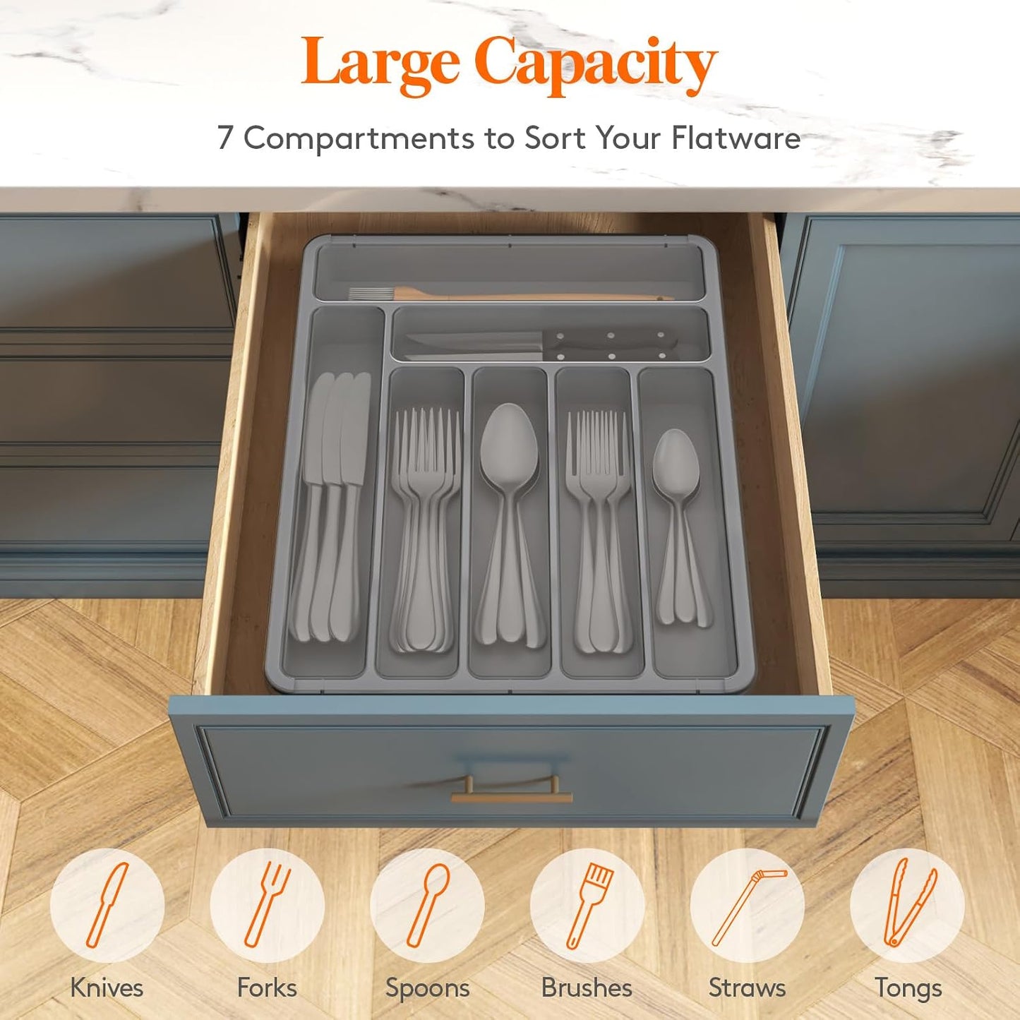 Silverware Organizer with Lid, Covered Utensil Tray for Kitchen Drawer and Countertop, Plastic Cutlery and Flatware Storage Box for Spoons Forks Knives Holder Case, 12.6x11.8", Black