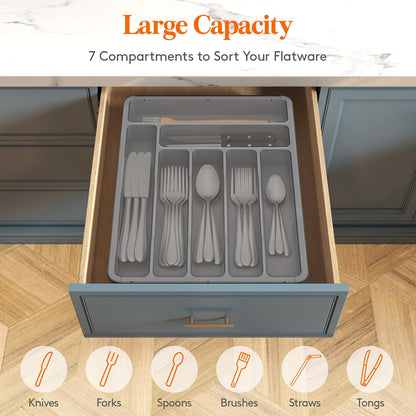 Silverware Organizer with Lid, Covered Utensil Tray for Kitchen Drawer and Countertop, Plastic Cutlery and Flatware Storage Box for Spoons Forks Knives Holder Case, 12.6x11.8", Black
