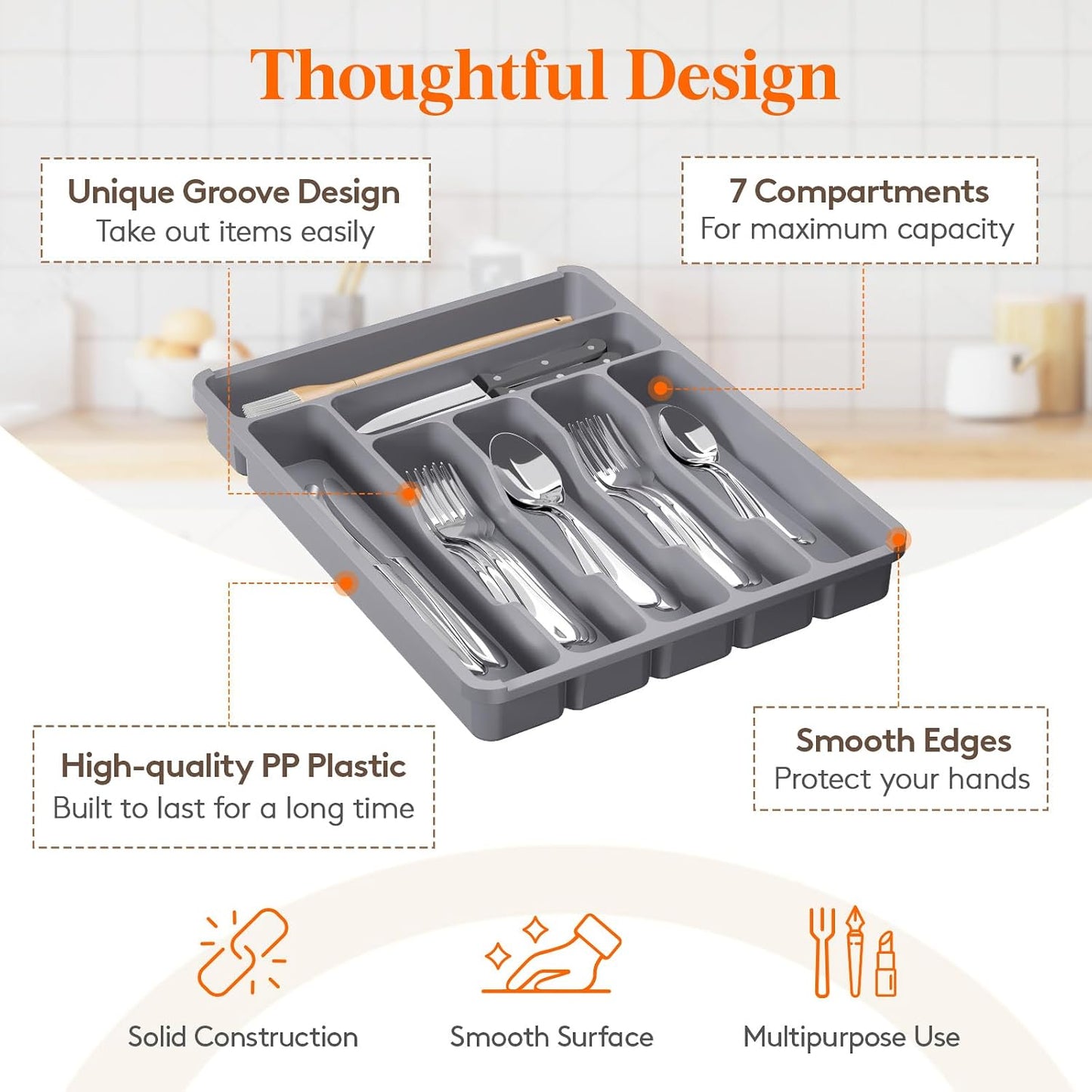 Silverware Organizer with Lid, Covered Utensil Tray for Kitchen Drawer and Countertop, Plastic Cutlery and Flatware Storage Box for Spoons Forks Knives Holder Case, 12.6x11.8", Black