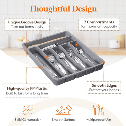 Silverware Organizer with Lid, Covered Utensil Tray for Kitchen Drawer and Countertop, Plastic Cutlery and Flatware Storage Box for Spoons Forks Knives Holder Case, 12.6x11.8", Black