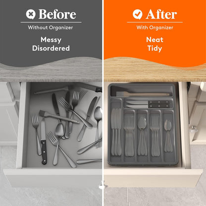 Silverware Organizer with Lid, Covered Utensil Tray for Kitchen Drawer and Countertop, Plastic Cutlery and Flatware Storage Box for Spoons Forks Knives Holder Case, 12.6x11.8", Black