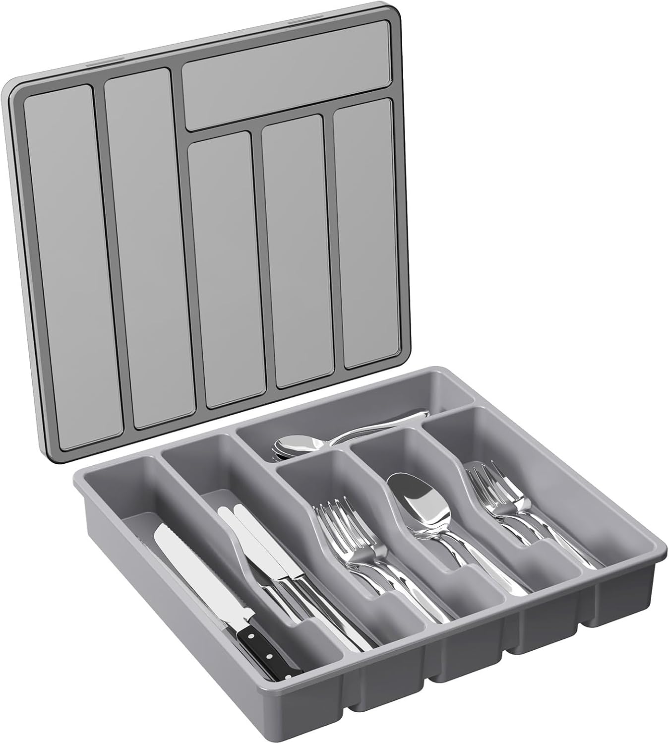 Silverware Organizer with Lid, Covered Utensil Tray for Kitchen Drawer and Countertop, Plastic Cutlery and Flatware Storage Box for Spoons Forks Knives Holder Case, 12.6x11.8", Black