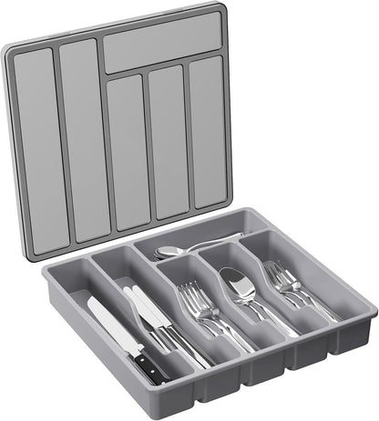 Silverware Organizer with Lid, Covered Utensil Tray for Kitchen Drawer and Countertop, Plastic Cutlery and Flatware Storage Box for Spoons Forks Knives Holder Case, 12.6x11.8", Black