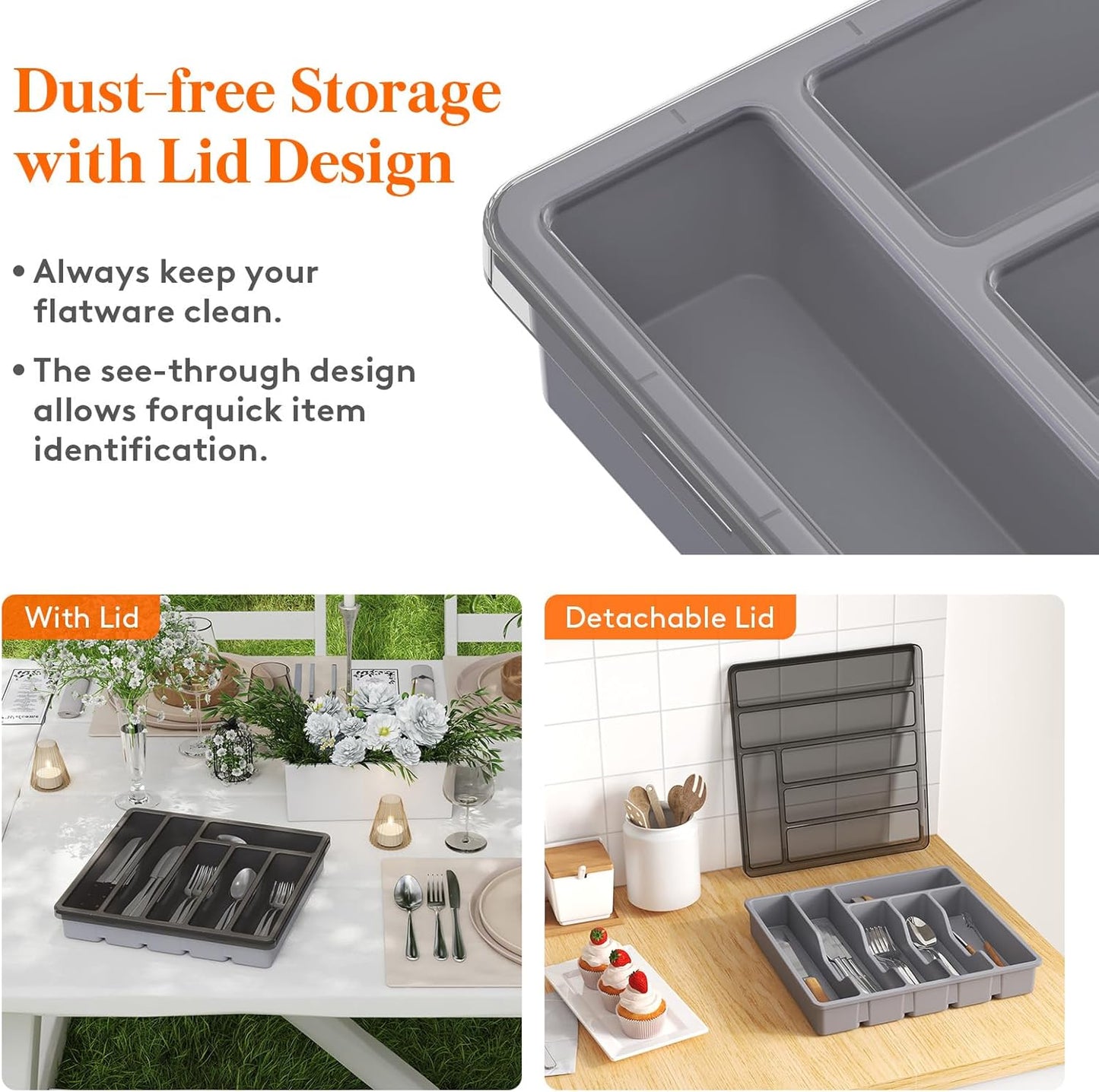 Silverware Organizer with Lid, Covered Utensil Tray for Kitchen Drawer and Countertop, Plastic Cutlery and Flatware Storage Box for Spoons Forks Knives Holder Case, 12.6x11.8", Black