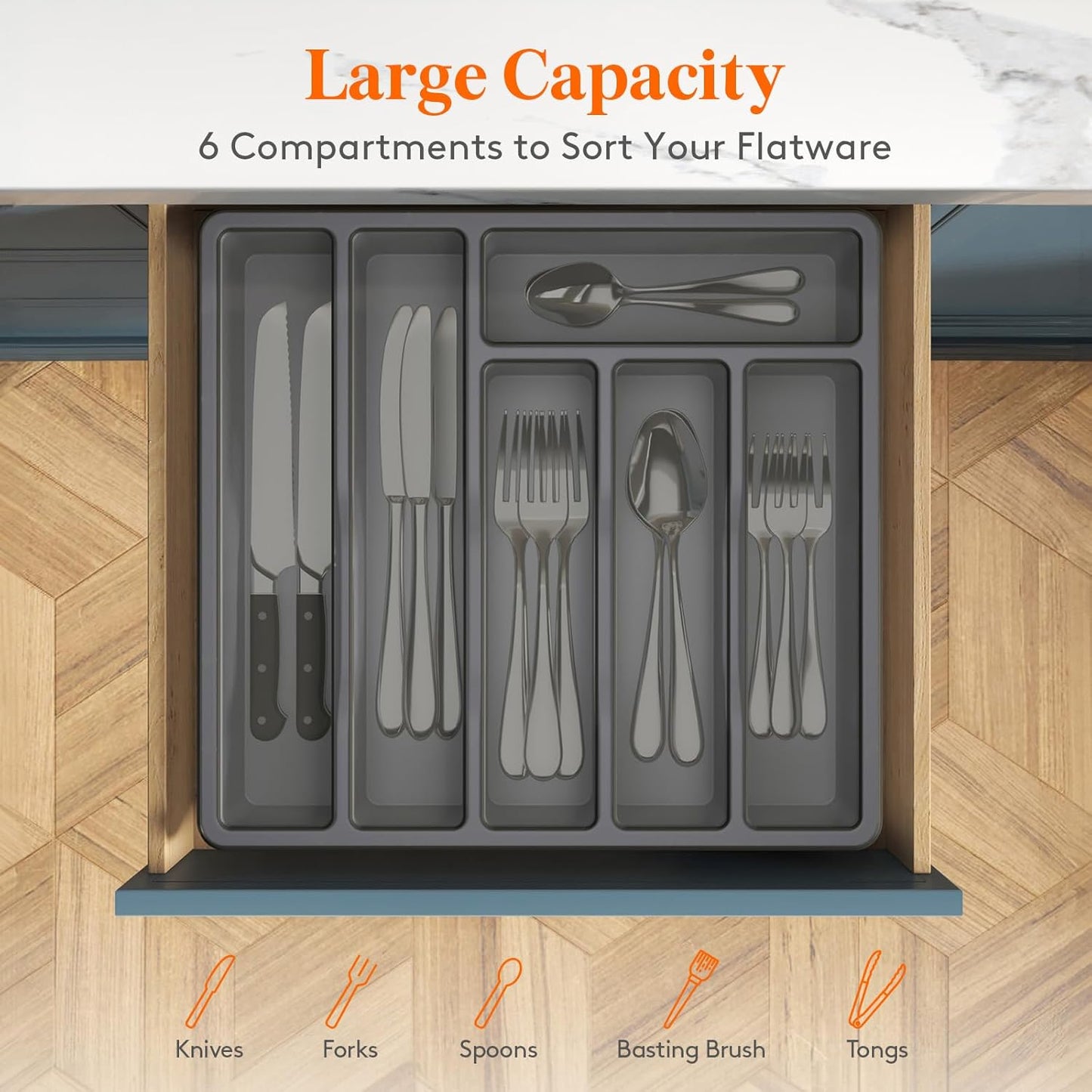 Silverware Organizer with Lid, Covered Utensil Tray for Kitchen Drawer and Countertop, Plastic Cutlery and Flatware Storage Box for Spoons Forks Knives Holder Case, 12.6x11.8", Black