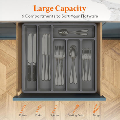 Silverware Organizer with Lid, Covered Utensil Tray for Kitchen Drawer and Countertop, Plastic Cutlery and Flatware Storage Box for Spoons Forks Knives Holder Case, 12.6x11.8", Black