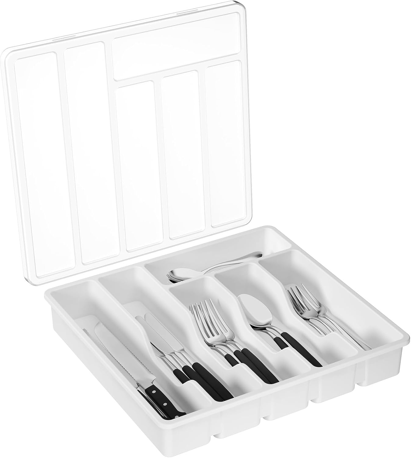Silverware Organizer with Lid, Covered Utensil Tray for Kitchen Drawer and Countertop, Plastic Cutlery and Flatware Storage Box for Spoons Forks Knives Holder Case, 12.6x11.8", Black