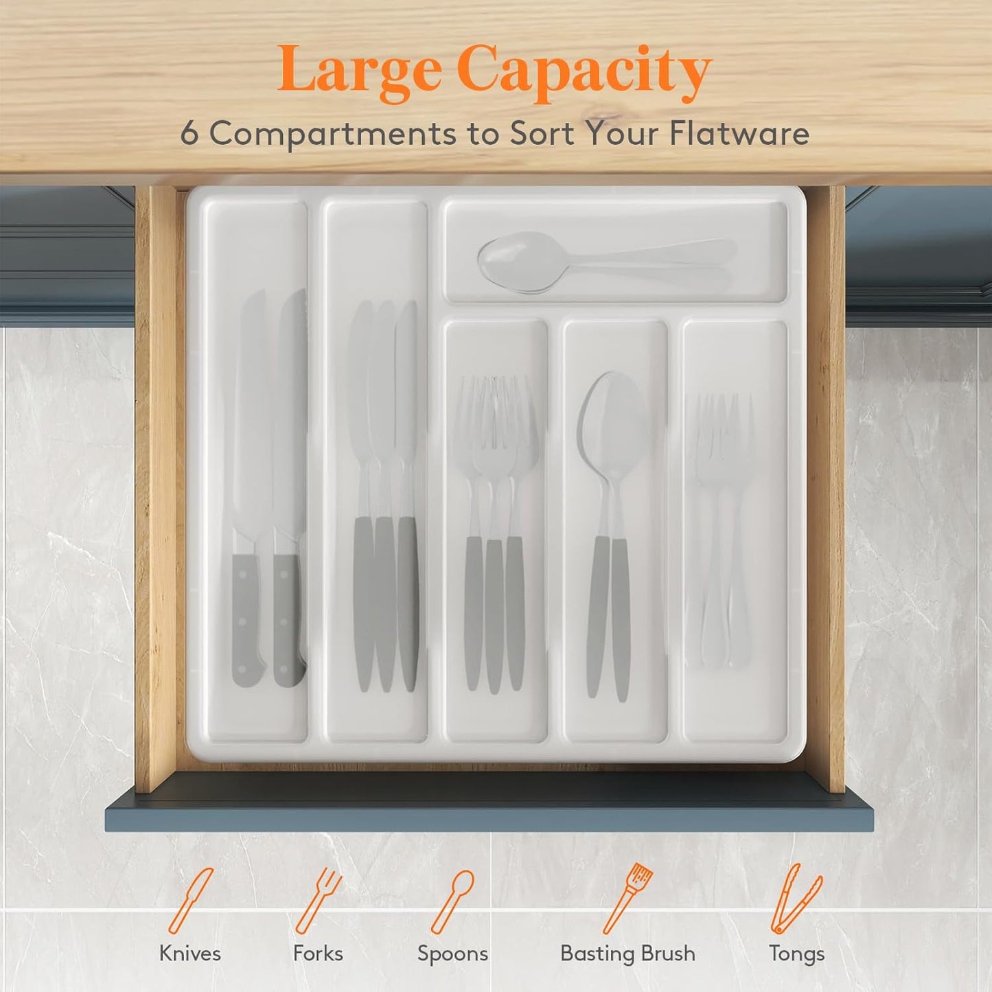 Silverware Organizer with Lid, Covered Utensil Tray for Kitchen Drawer and Countertop, Plastic Cutlery and Flatware Storage Box for Spoons Forks Knives Holder Case, 12.6x11.8", Black
