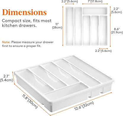 Silverware Organizer with Lid, Covered Utensil Tray for Kitchen Drawer and Countertop, Plastic Cutlery and Flatware Storage Box for Spoons Forks Knives Holder Case, 12.6x11.8", Black