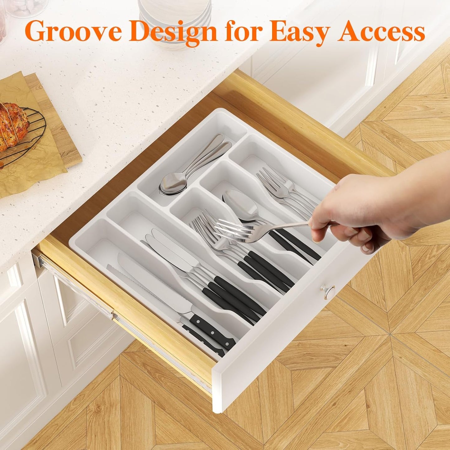 Silverware Organizer with Lid, Covered Utensil Tray for Kitchen Drawer and Countertop, Plastic Cutlery and Flatware Storage Box for Spoons Forks Knives Holder Case, 12.6x11.8", Black