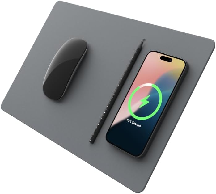 POUT H3 Wireless Charging Mouse Pad – Qi-Enabled Fast Charger Built into Sleek Desk Mat, Compatible with Phones, Earbuds & More(Dust Gray)